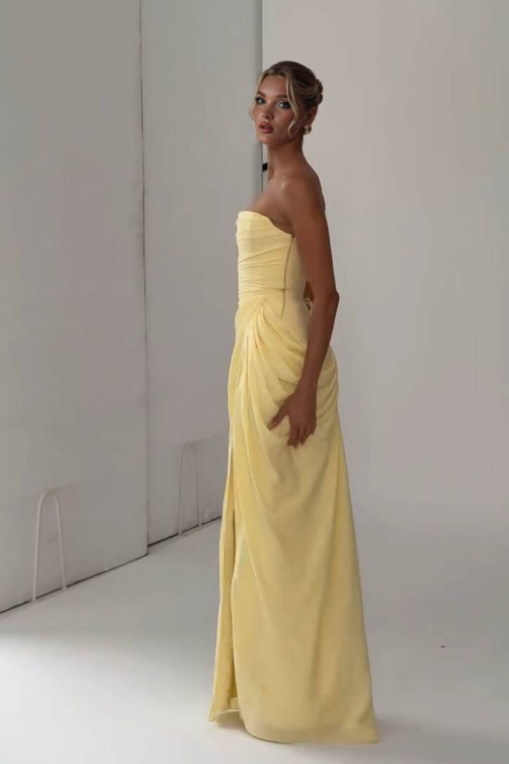 Strapless Pleated Slit Maxi Dress