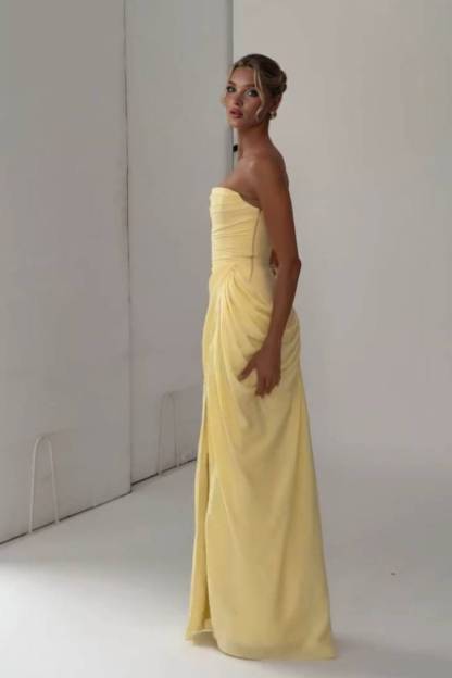Strapless Pleated Slit Maxi Dress