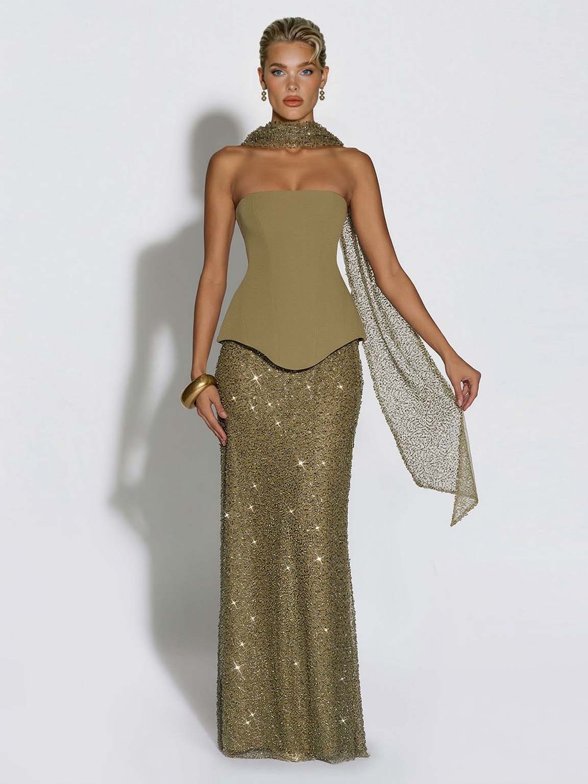 Elegant Strapless Sequin Skirt And Shawl Two-Piece Set