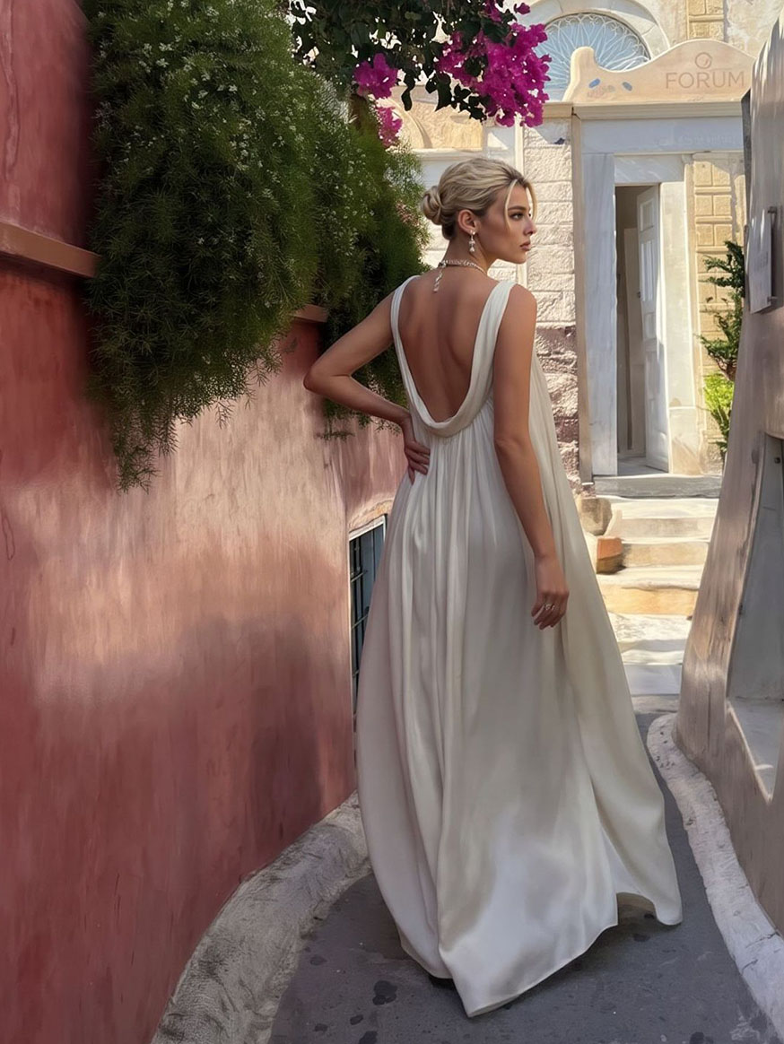 Elegant Satin Square Neckline Flowing Pleated Halter Dress