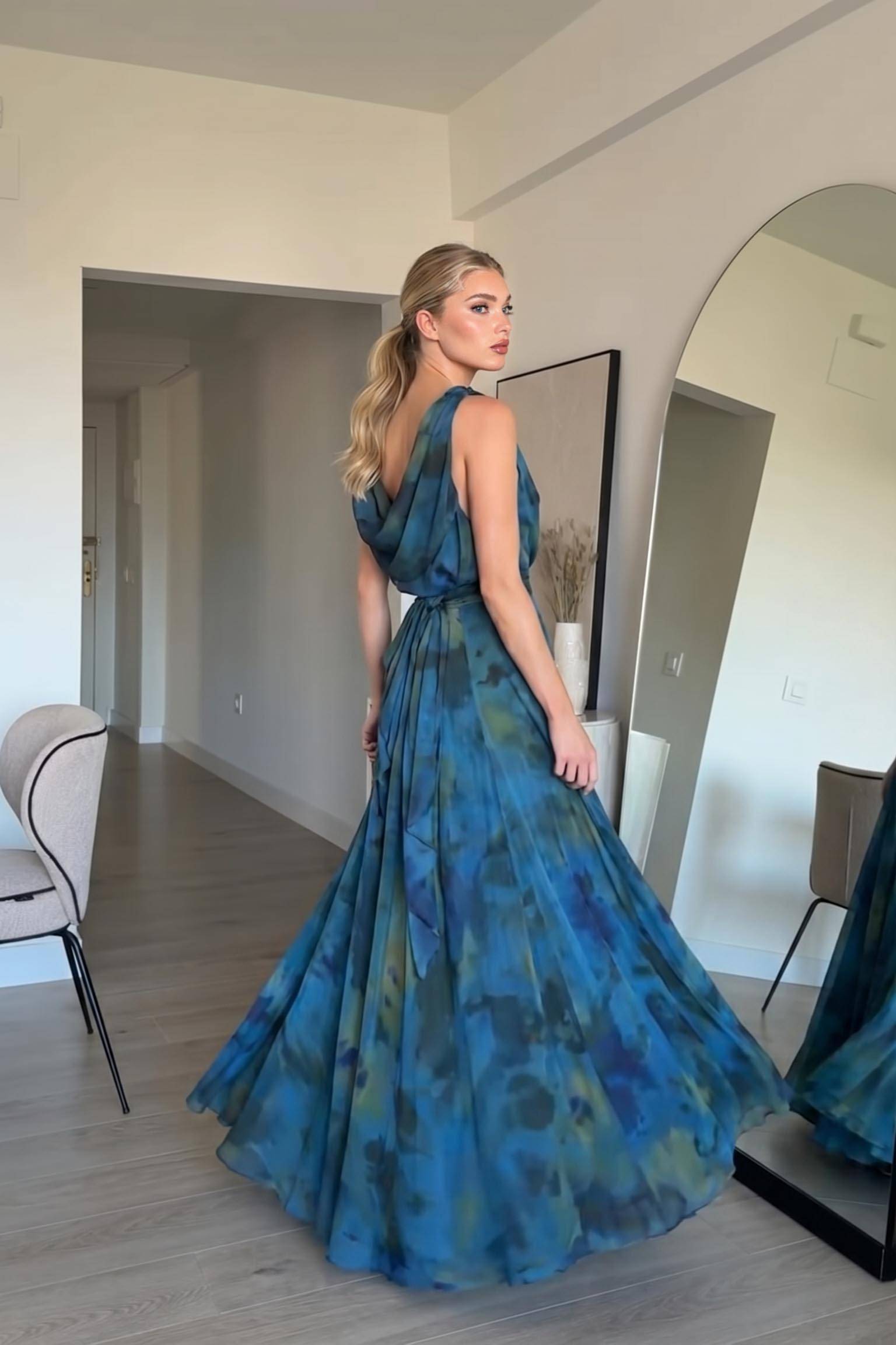 Asymmetric Design Printed Top Scarf And Skirt Set