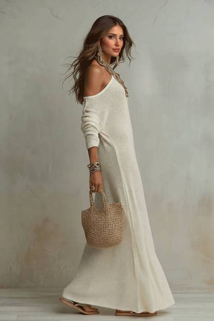 Off-Shoulder Slit Knit Dress