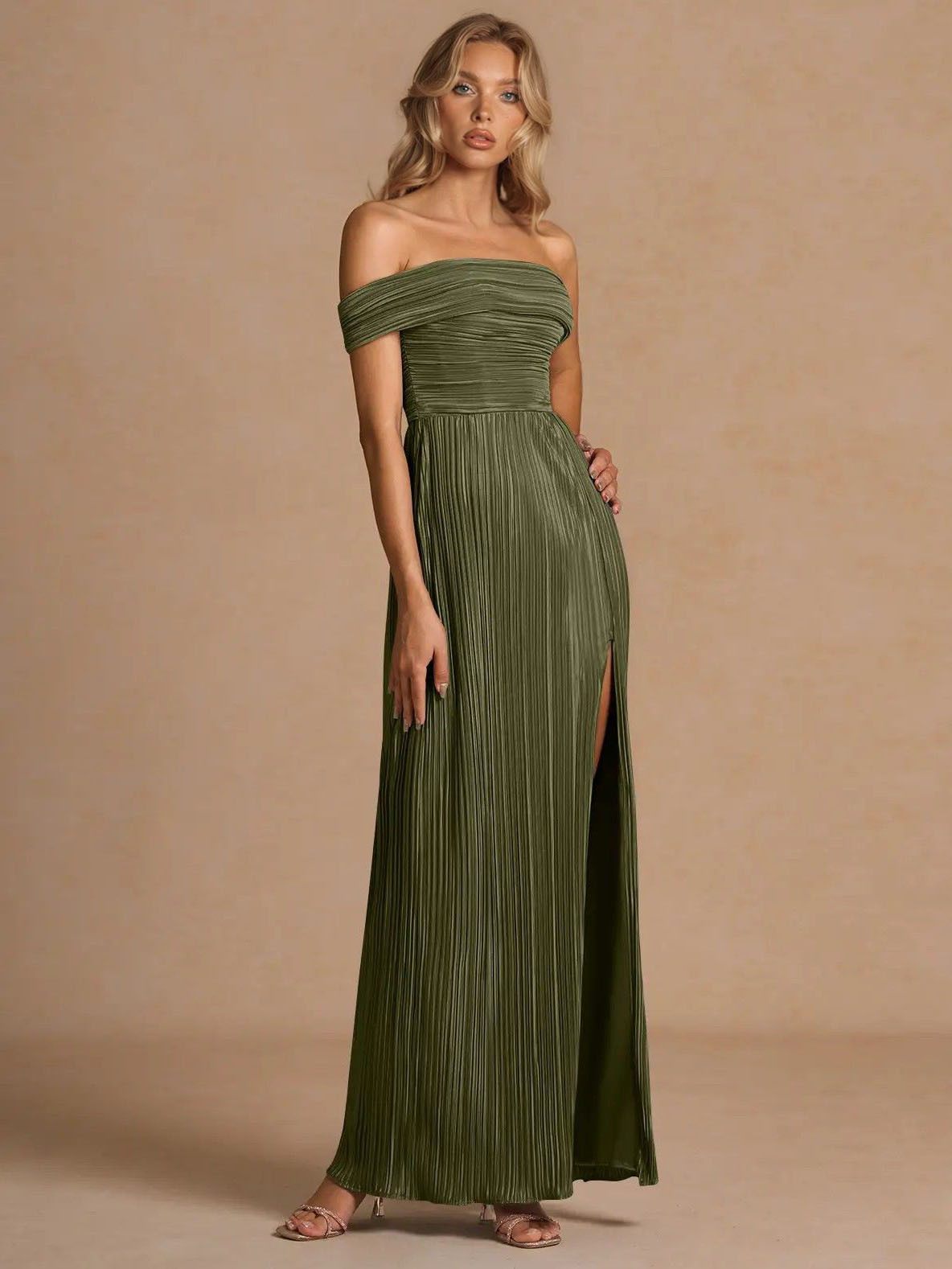 Elegant Off-The-Shoulder Pleated Slit Maxi Dress