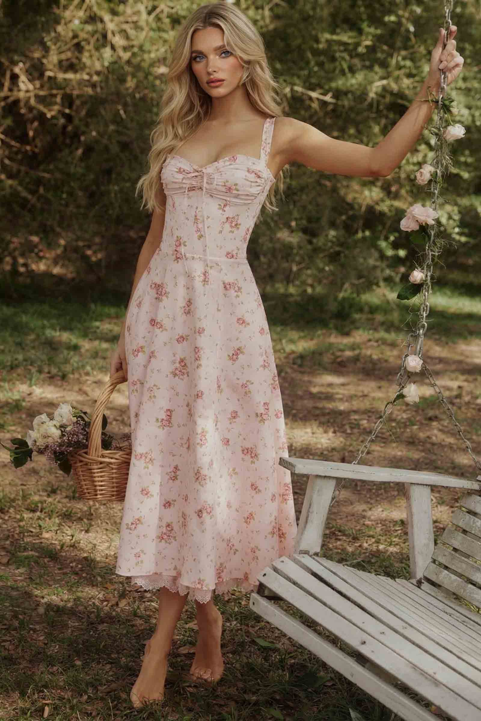 Floral Strap High-Waist A- Line Midi Dress