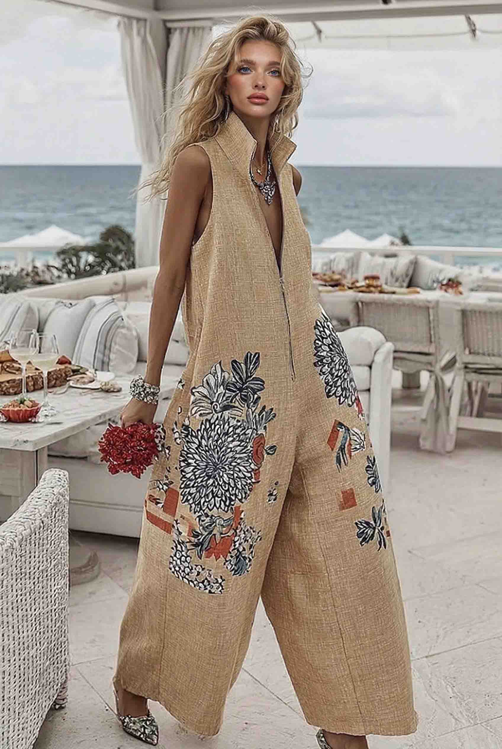 Stand Collar Printed Jumpsuit