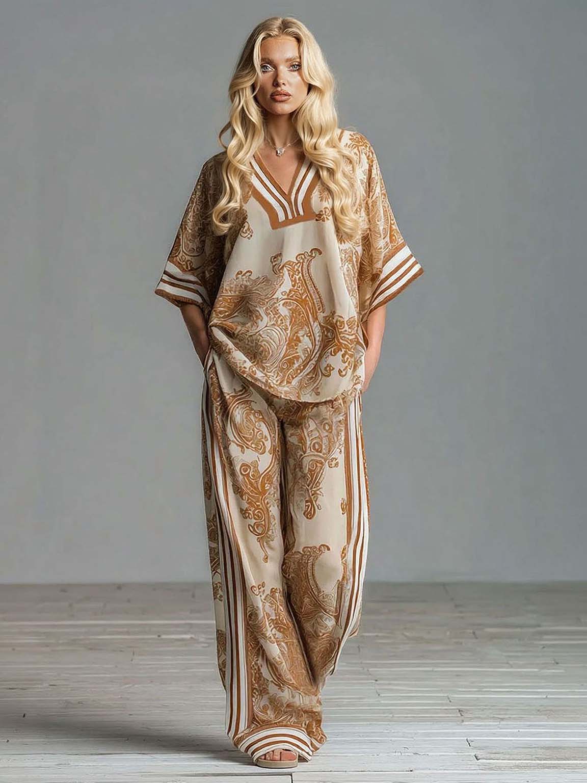 Bohemian Paisley Print Top & Wide-Leg Pants Two-Piece Set