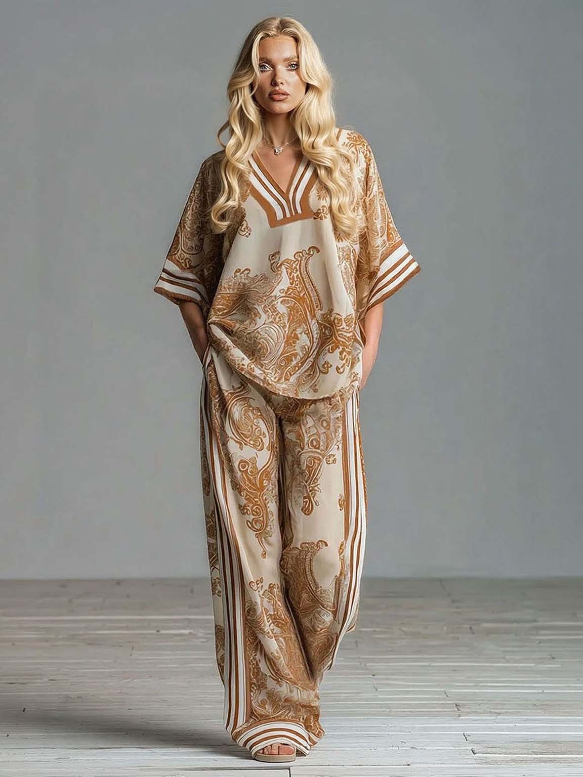 Bohemian Paisley Print Top & Wide-Leg Pants Two-Piece Set