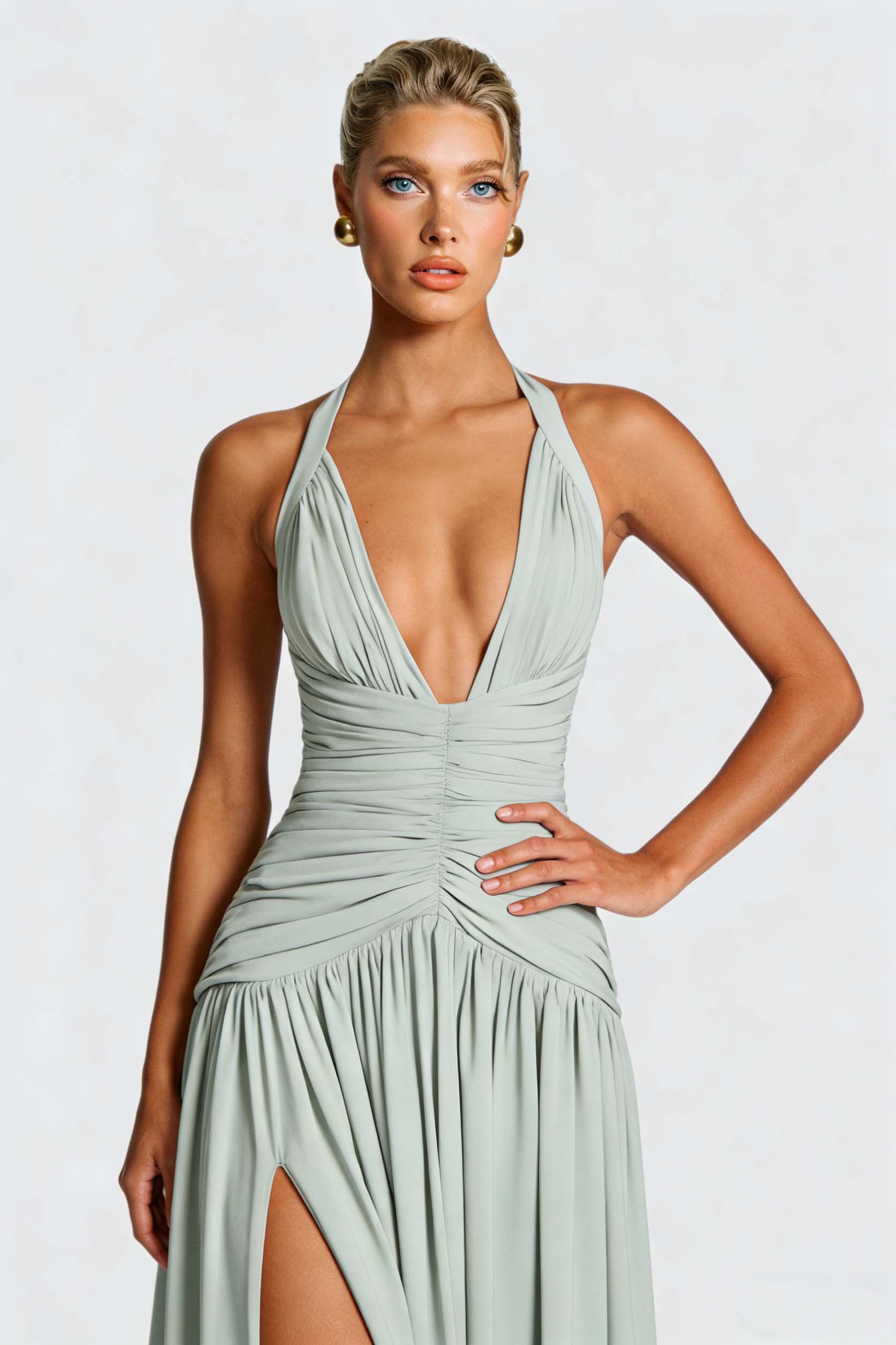 Halter Neck Pleated Slit Maxi Dress