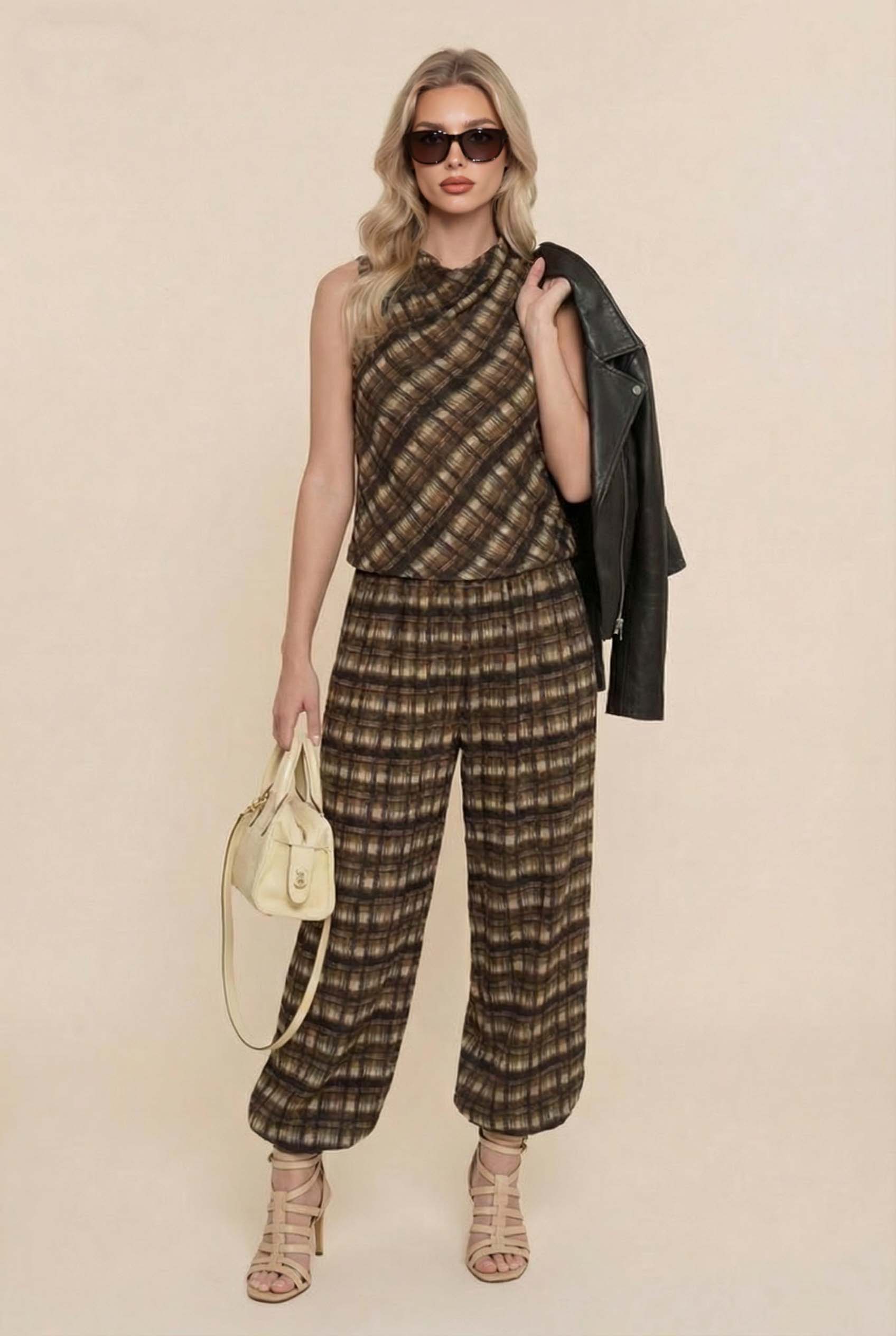 Plaid Cowl-Neck Top And Pants Set