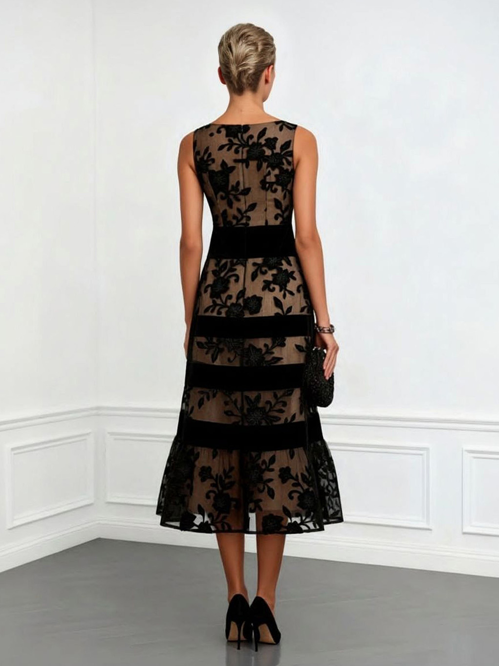 Elegant Flocked Floral Sheer Midi Dress