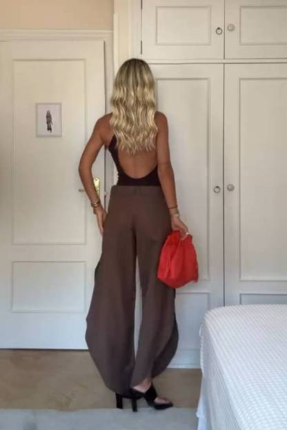 Oblique Collar Off-shoulder bodysuits And Side Slits Wide Leg Pants Suit- Pants