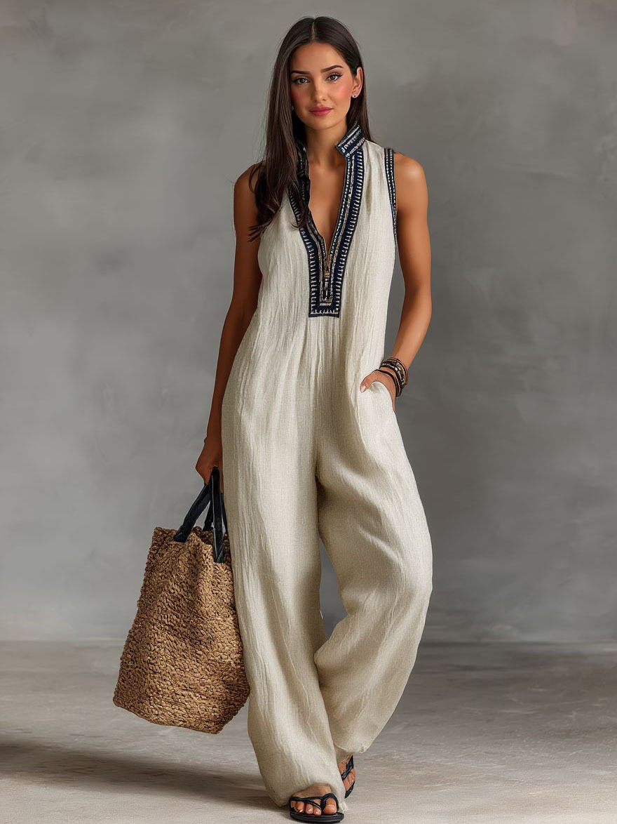 Casual Sleeveless Color-block Jumpsuit