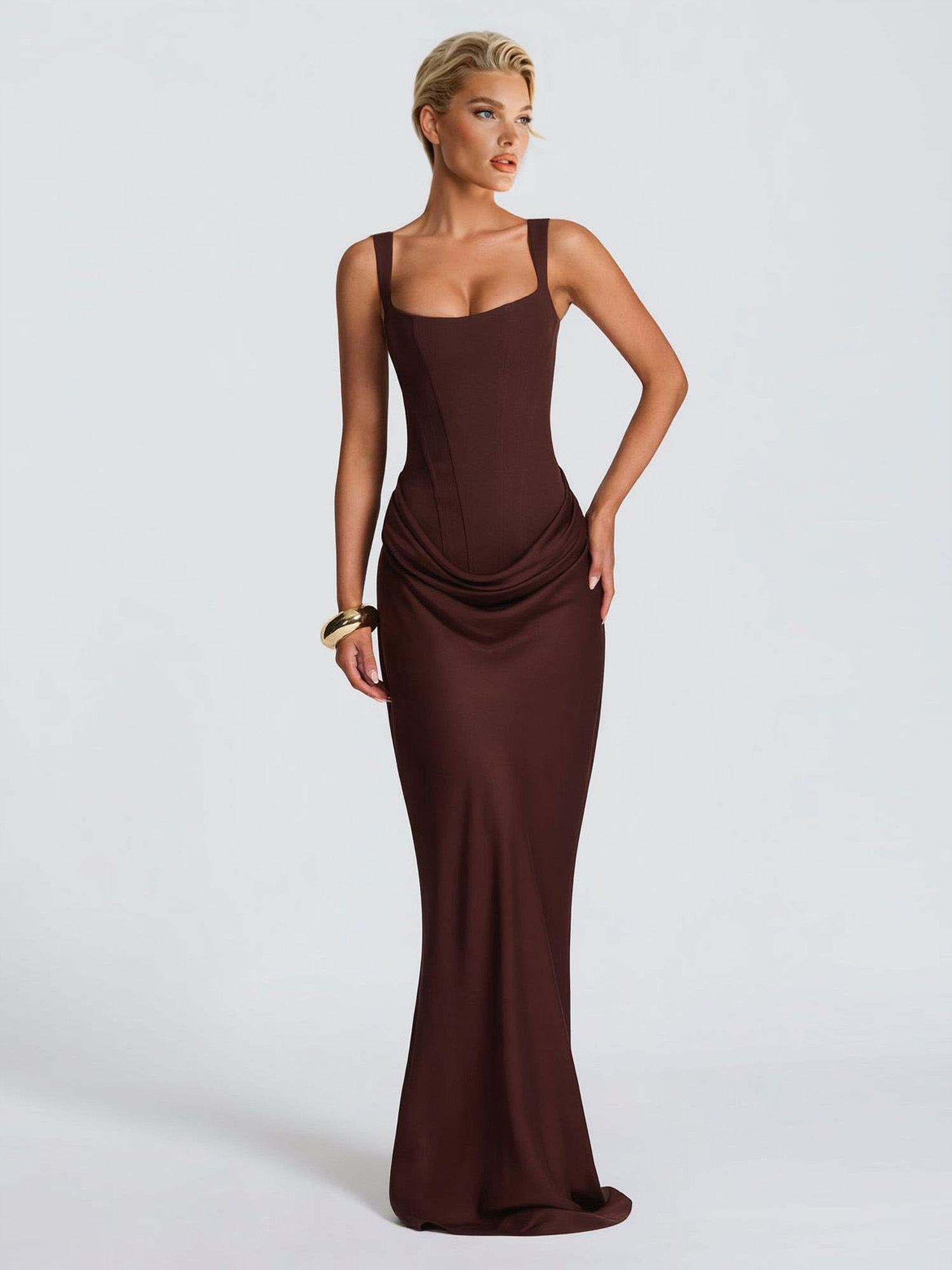 Elegant Square Neck Cinched Top & Ruched Waist Draped Maxi Dress