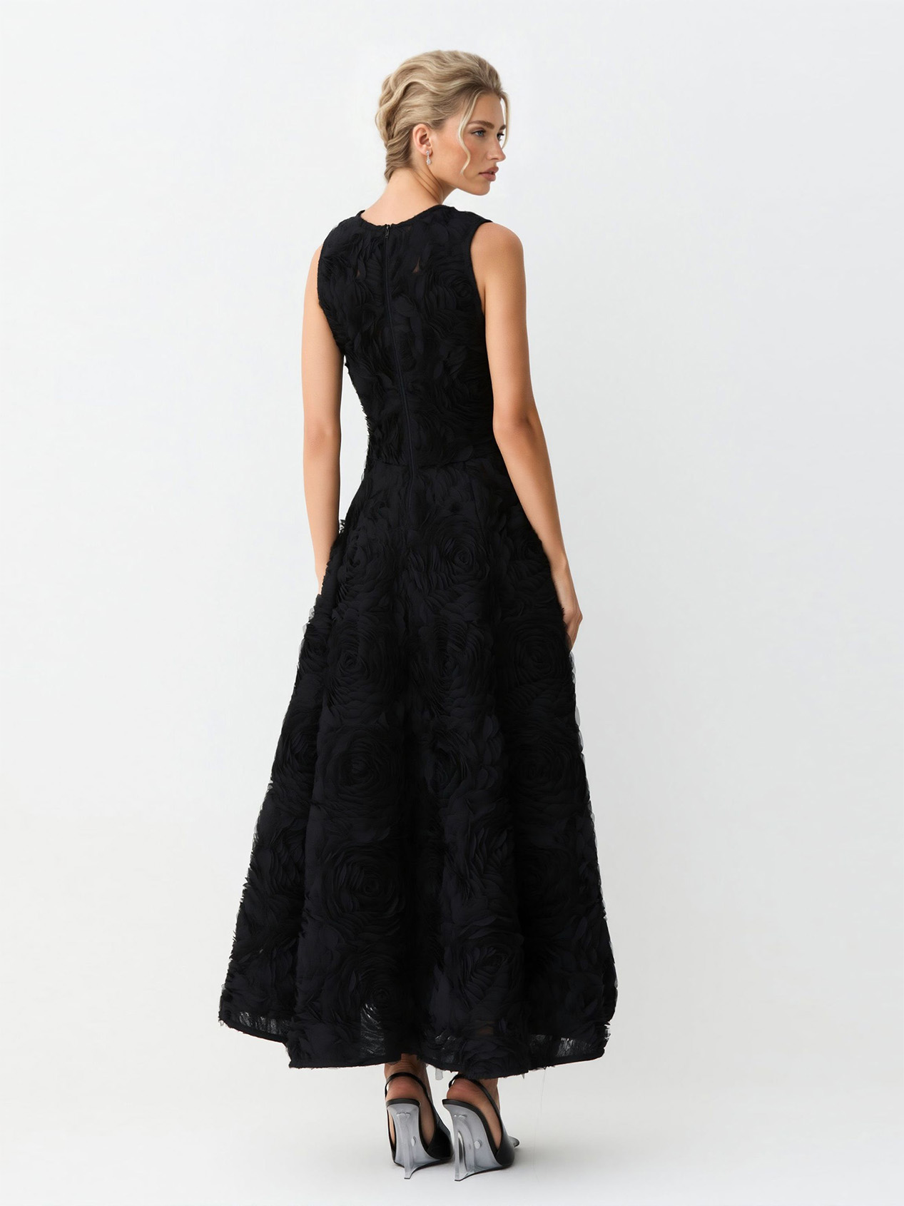 Elegant 3D Floral Lace Sleeveless Midi Dress