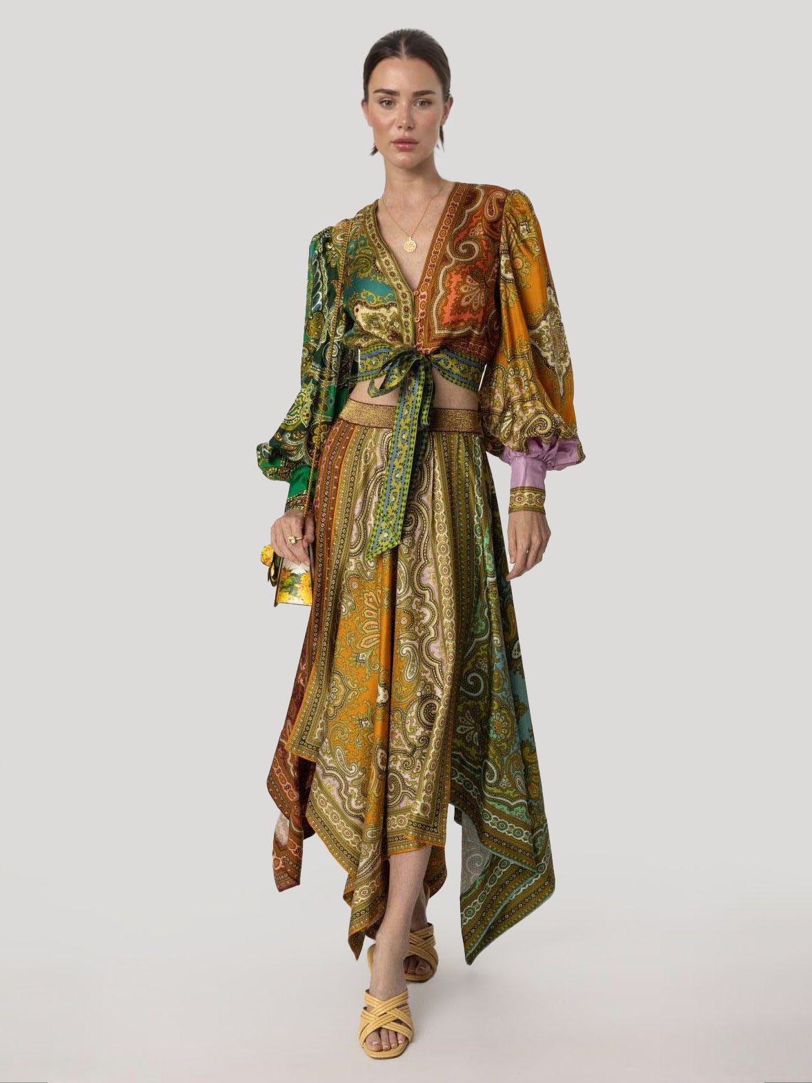 Exquisite Bohemian Paisley Print Satin Two-Piece Set