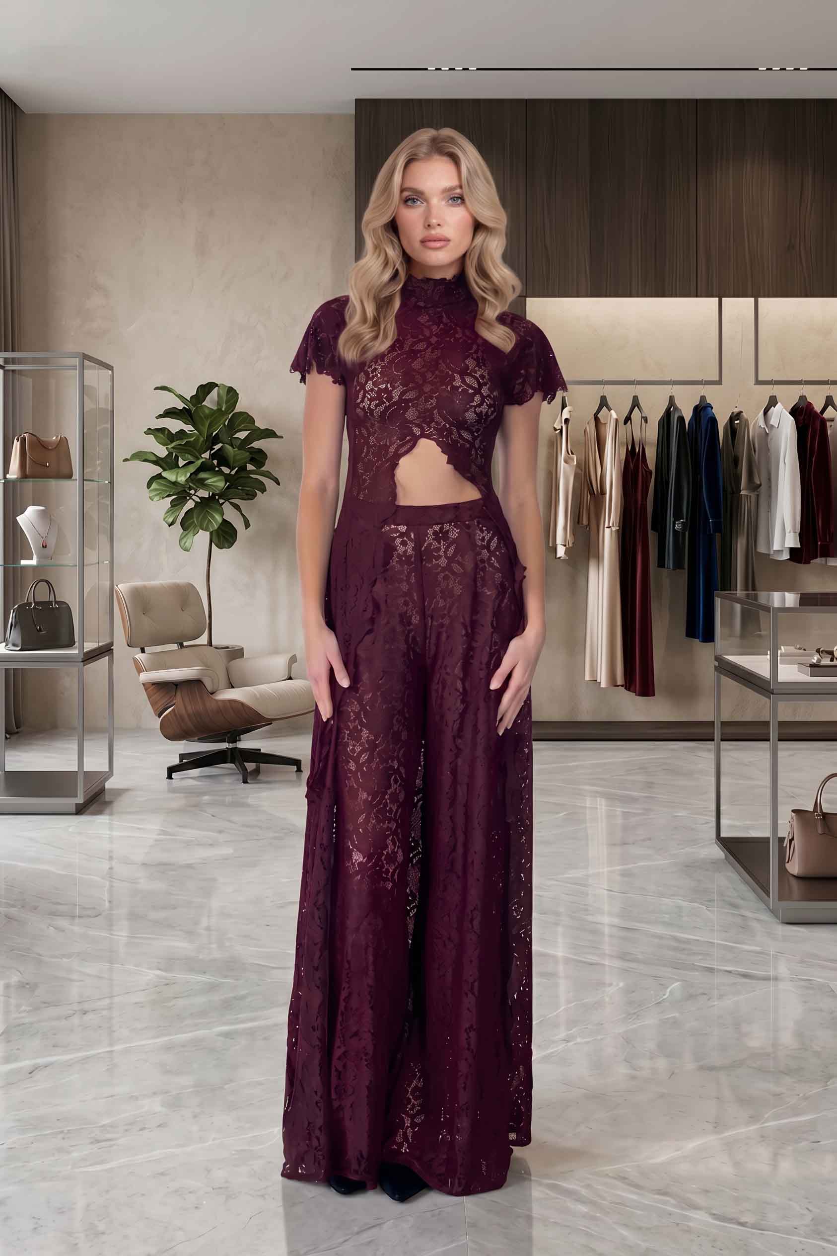 Lace Long-sleeved Top And Wide-leg Pants Set（Headscarf Not Included）