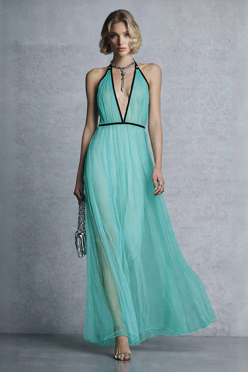 Color Contrast Halter-Neck High Waist Maxi Dress