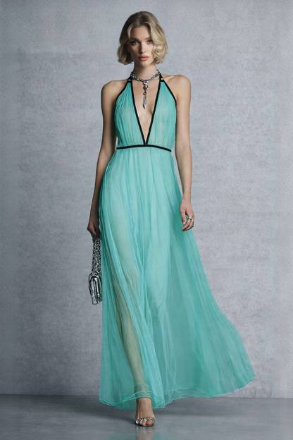 Color Contrast Halter-Neck High Waist Maxi Dress
