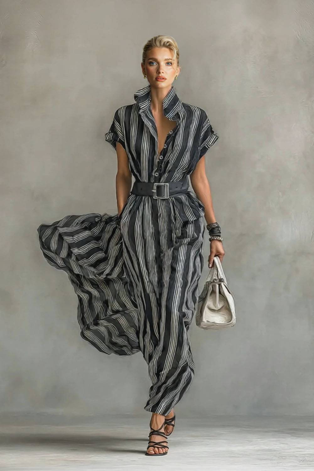 Striped Stand-Collar Blouse Dress