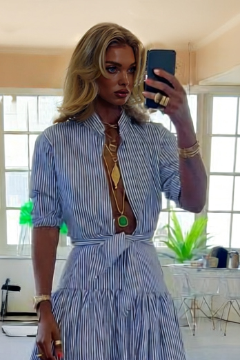 Striped Stand Collar Shirt And Skirt Suit