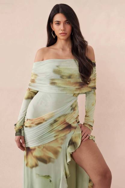 Printed Off-Shoulder Slit Maxi Dress