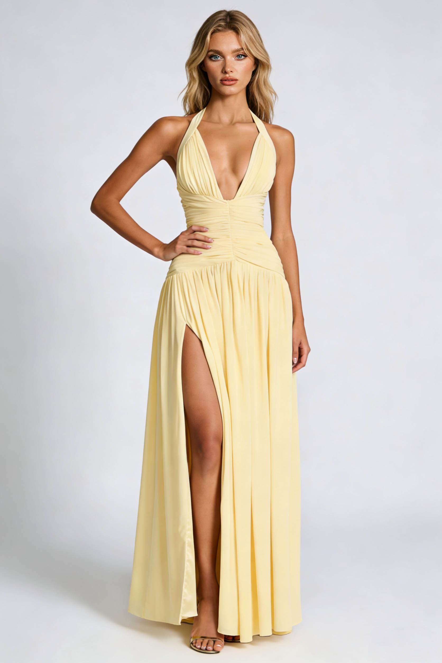 Halter Neck Pleated Slit Maxi Dress