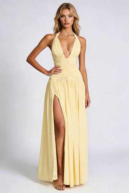 Halter Neck Pleated Slit Maxi Dress