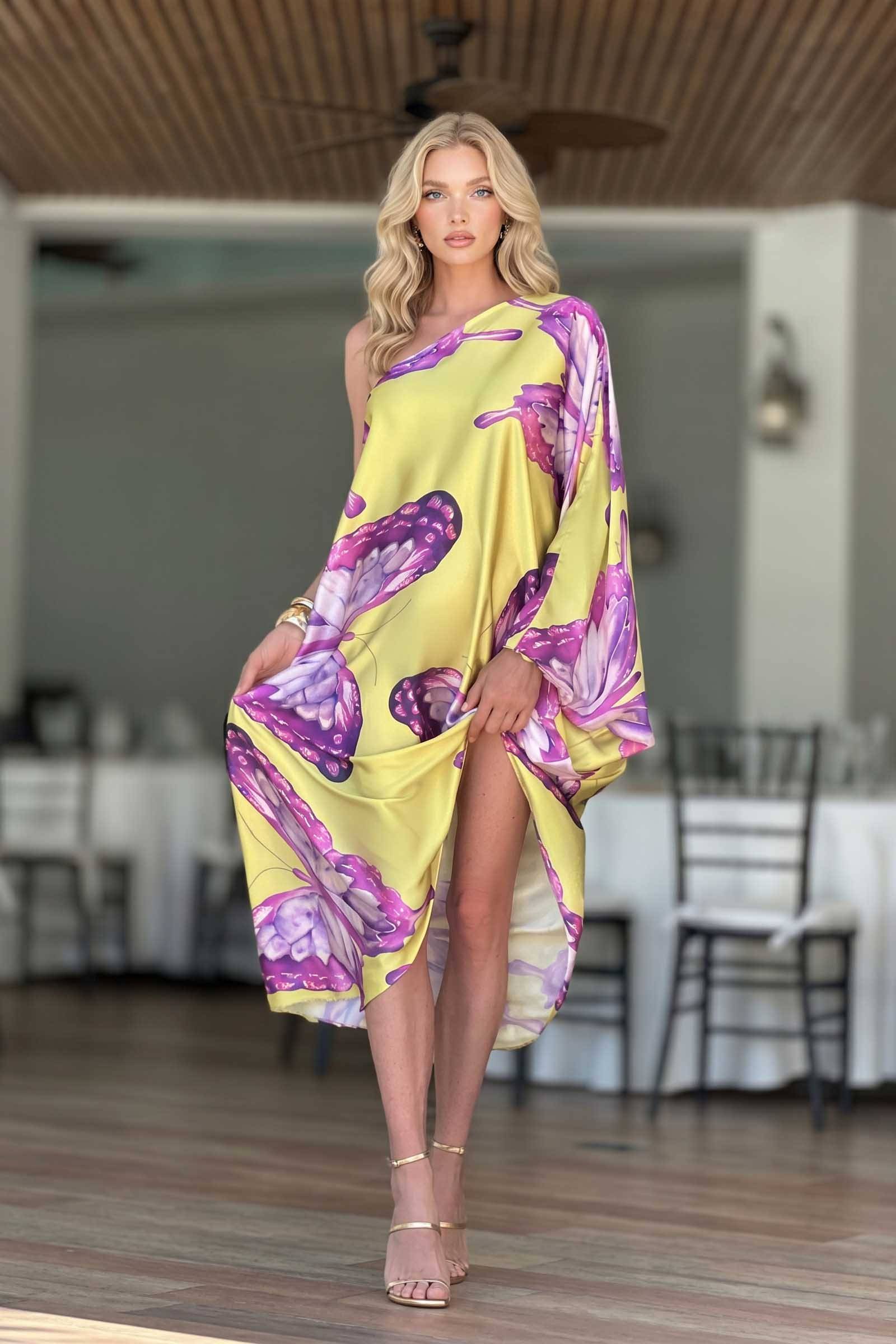 Butterfly-Printed Slant-Neck Dress