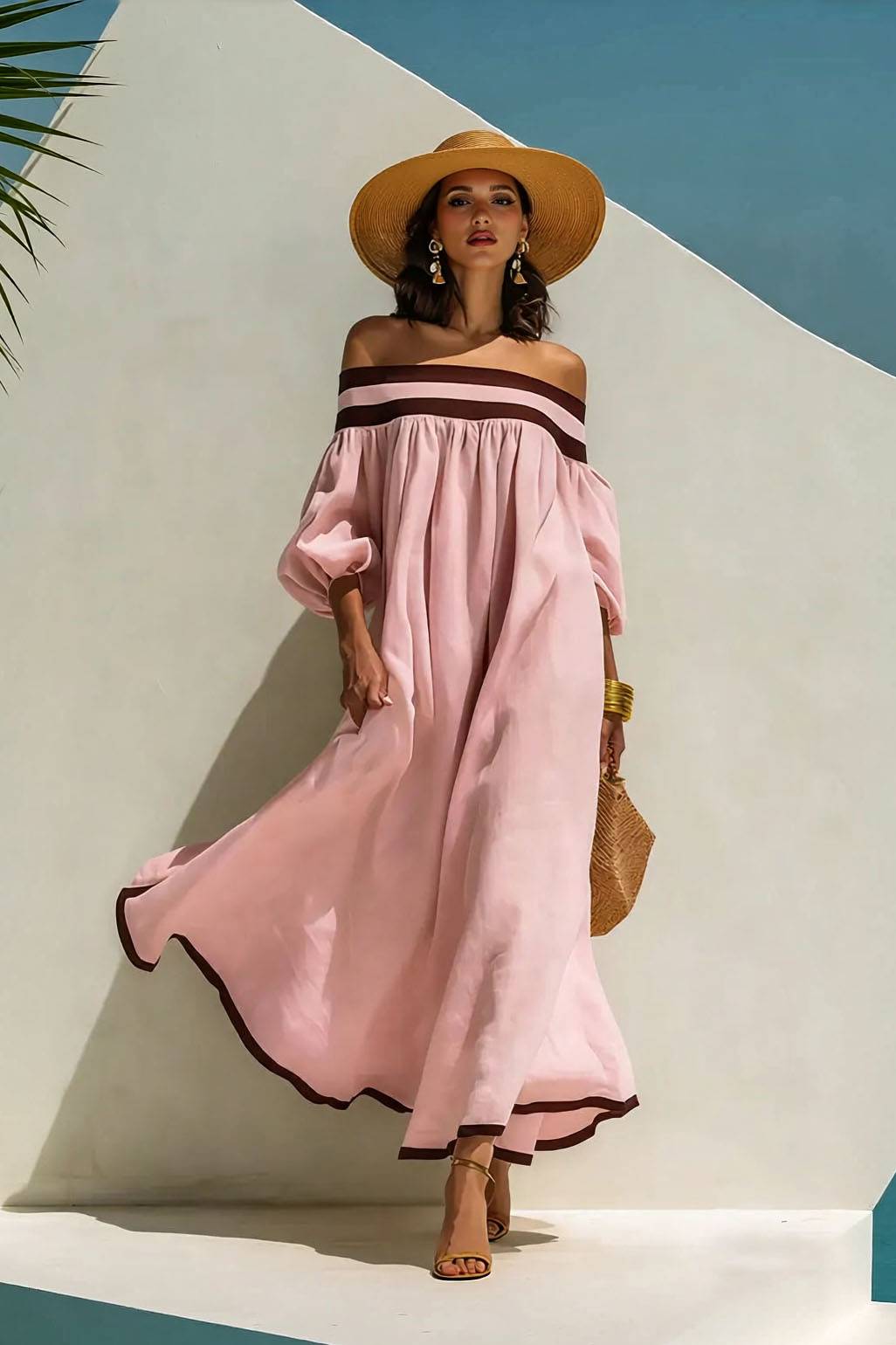 Color Contrast Off-Shoulder Loose-Fitting Dress