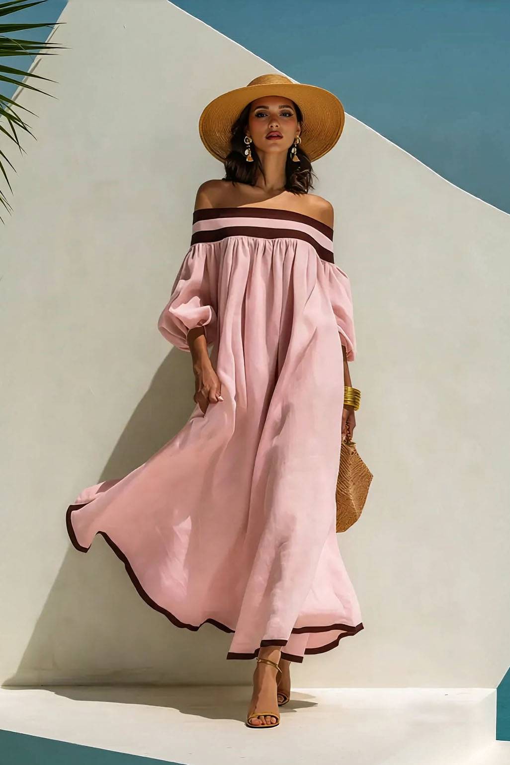 Color Contrast Off-Shoulder Loose-Fitting Dress