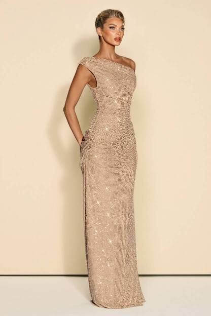 Off-Shoulder Shiny Pleated Maxi Dress