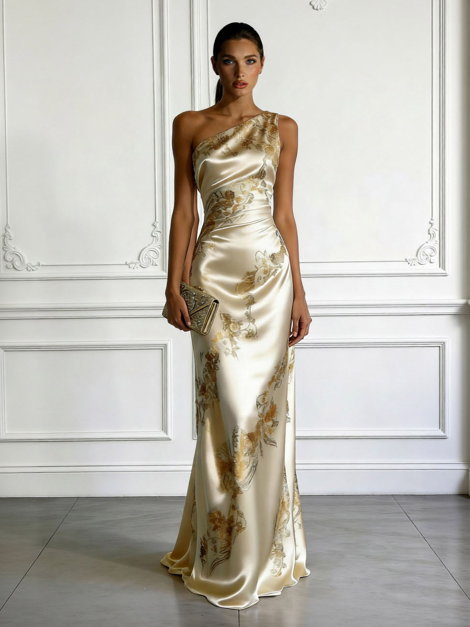Elegant One-shoulder Floral Satin Maxi Dress