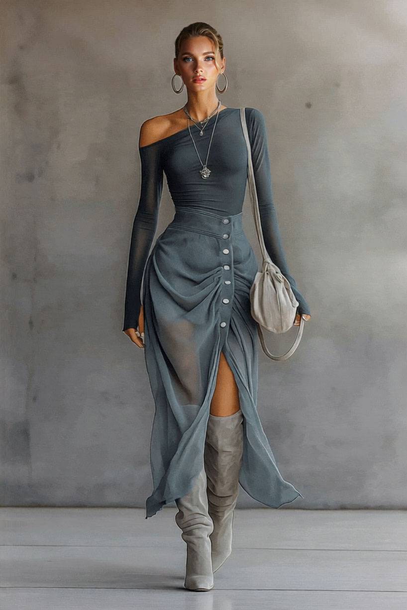 Off-Shoulder Pleated Maxi Dress