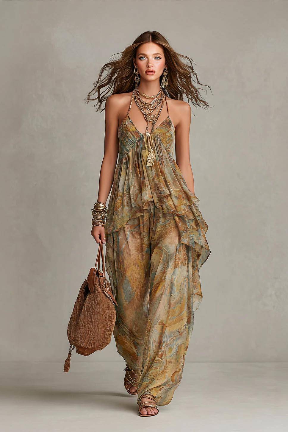 Printed Sling Top And Wide Leg Pants Set