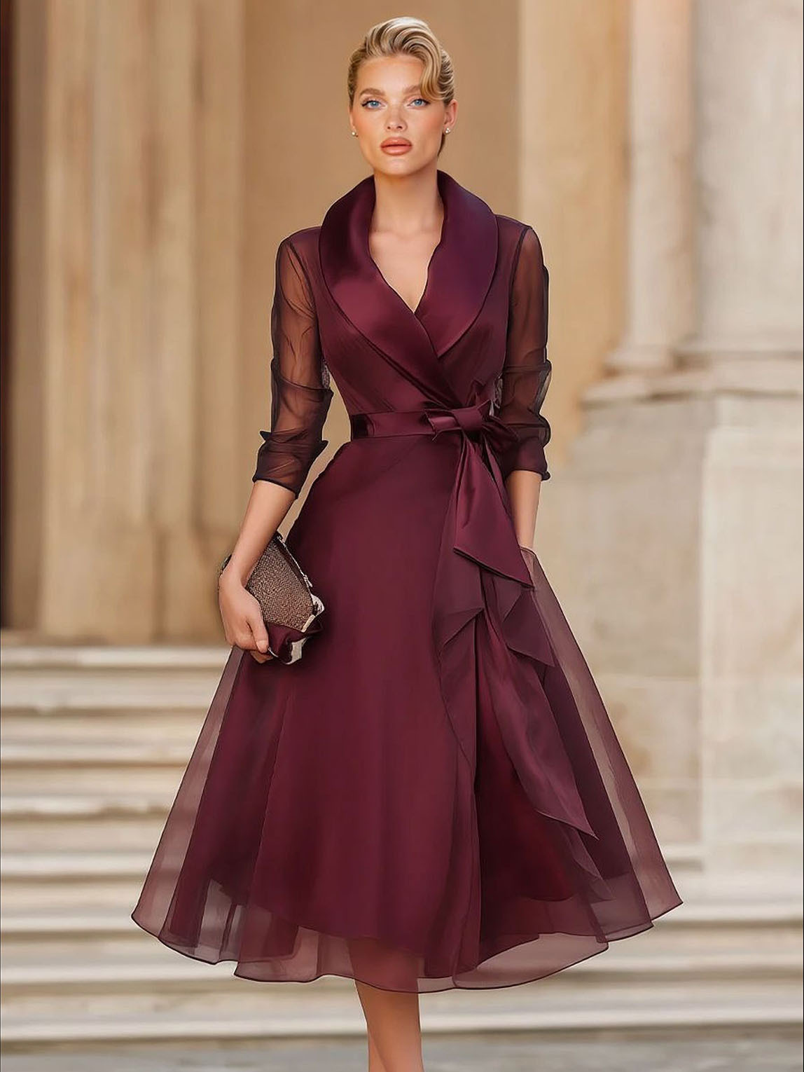 Elegant Draped Shawl-Collar Organza Midi Dress