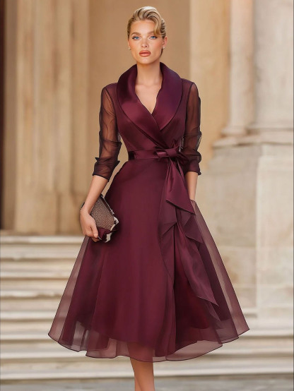 Elegant Draped Shawl-Collar Organza Midi Dress