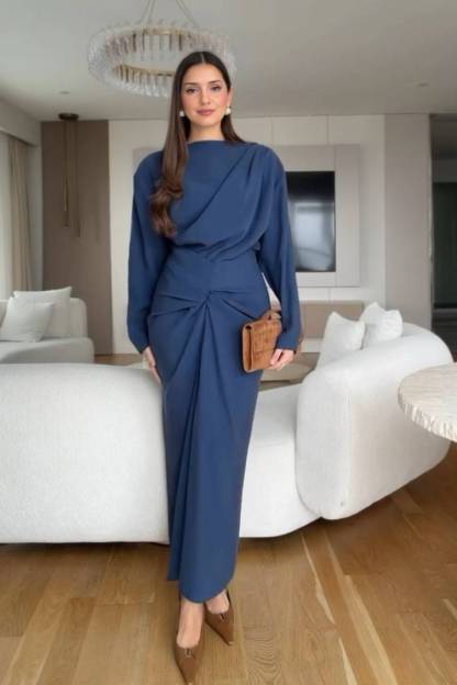 Boat Neck Pleated Slim Fit Maxi Dress