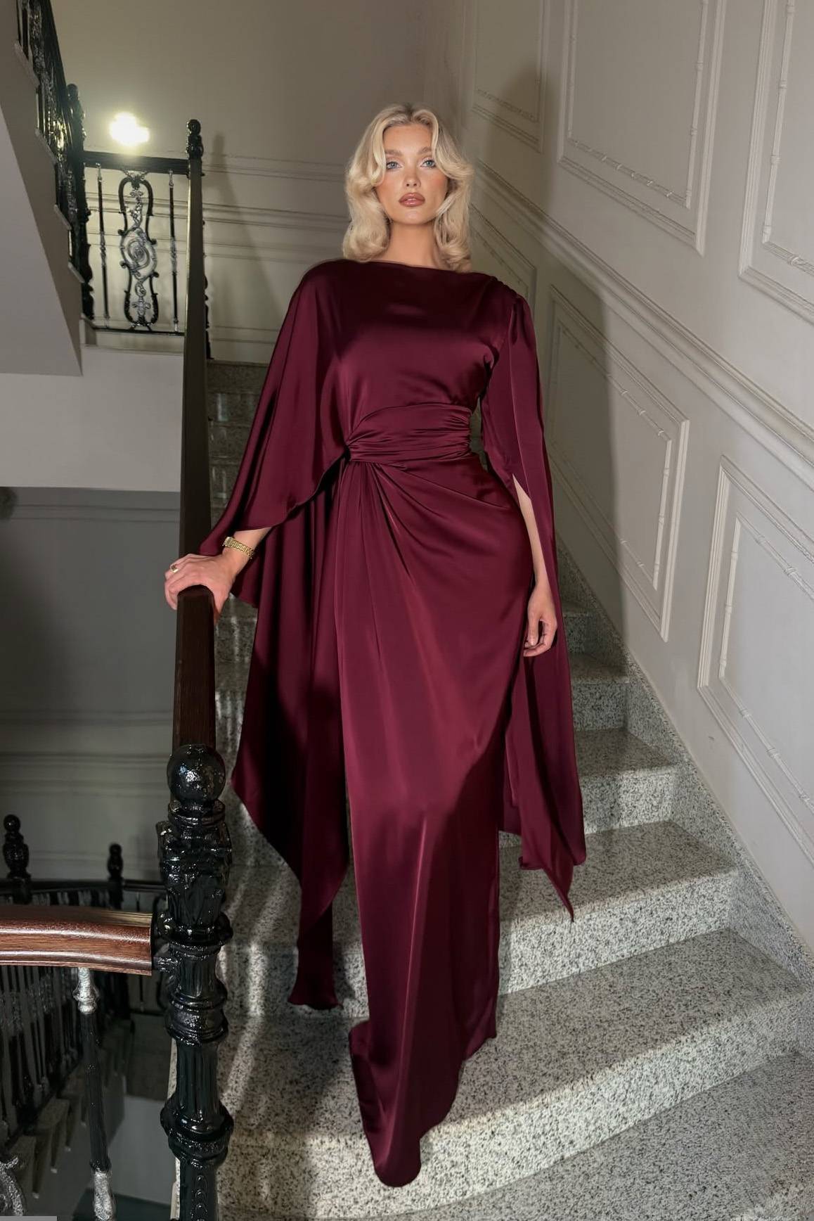 Boat Neck Pleated Satin Maxi Dress