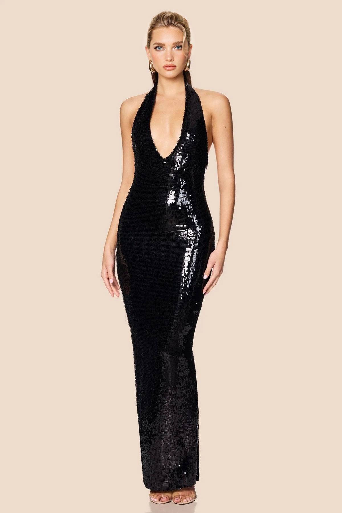 Halter-Neck Sequin Maxi Dress