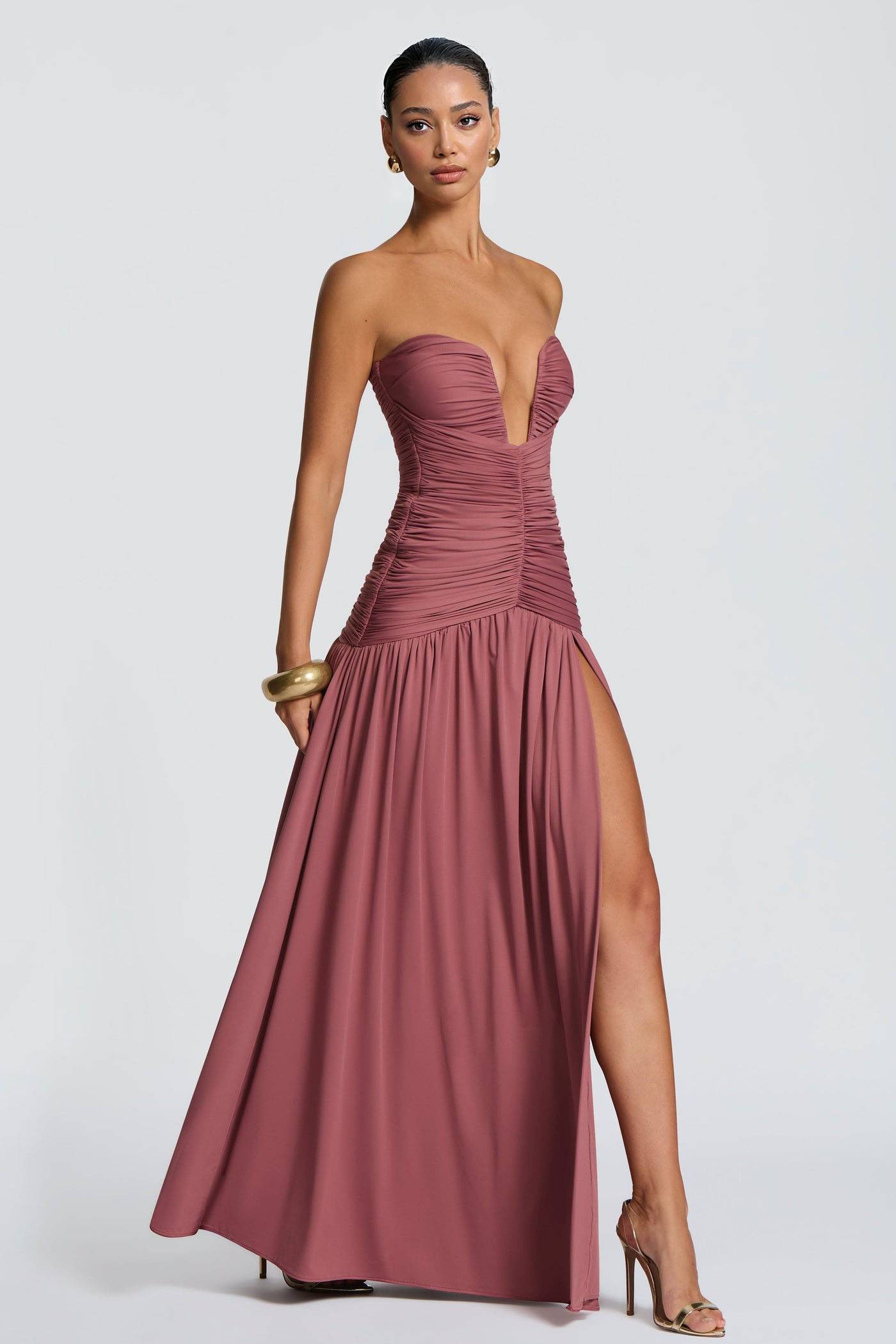 V-Neck Pleated Slit Maxi Dress