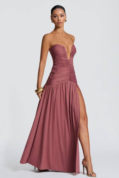 V-Neck Pleated Slit Maxi Dress