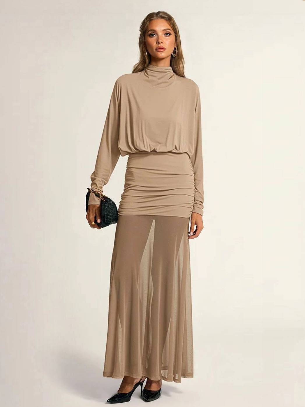 Fake two-piece hip-wrapped Tulle Splicing Maxi Dress