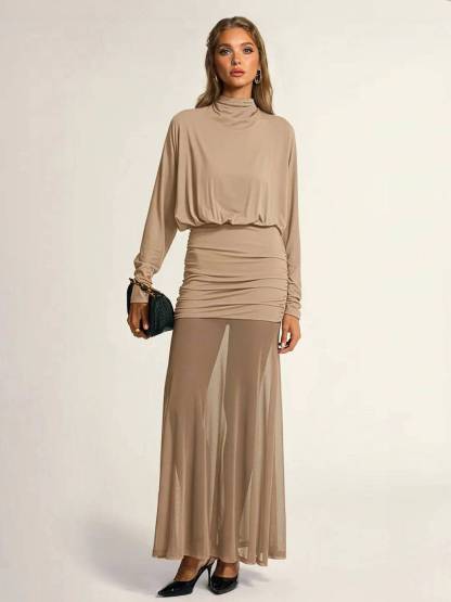 Fake two-piece hip-wrapped Tulle Splicing Maxi Dress