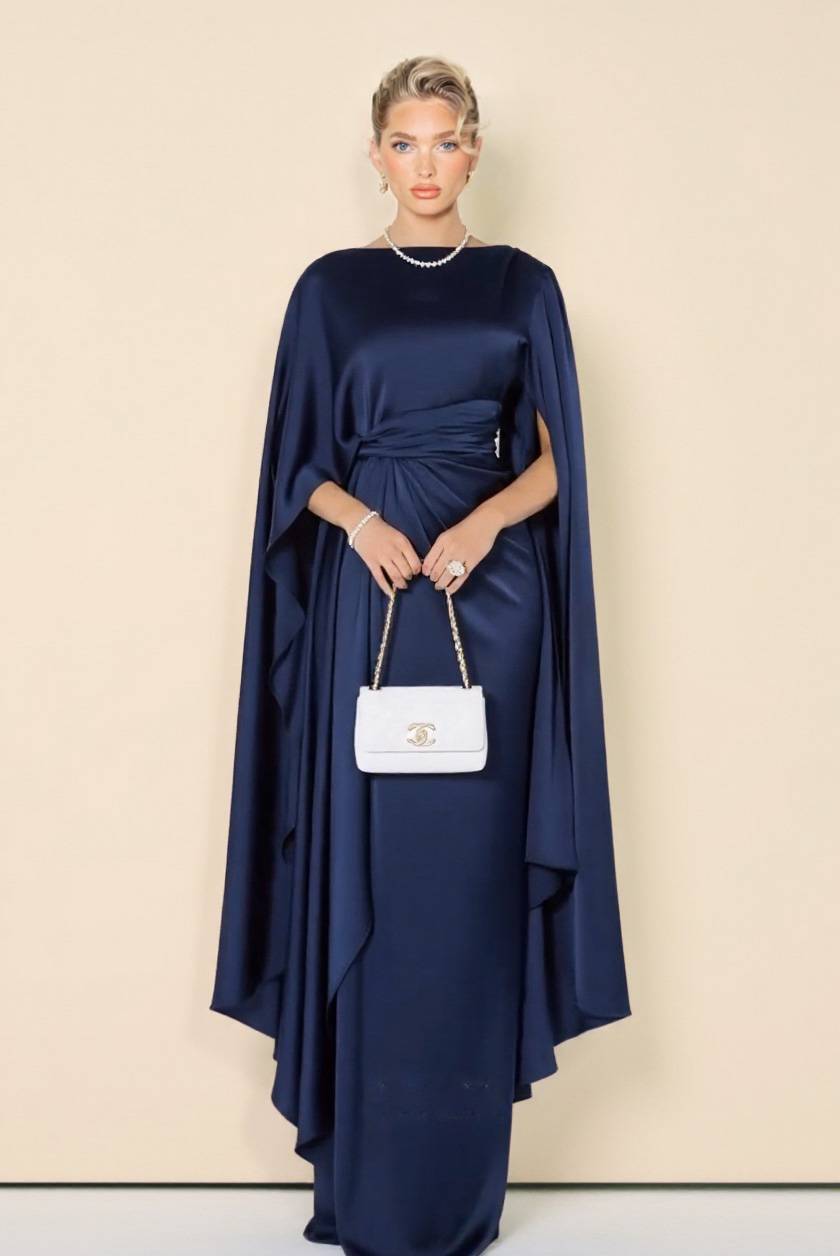 Boat Neck Pleated Satin Maxi Dress