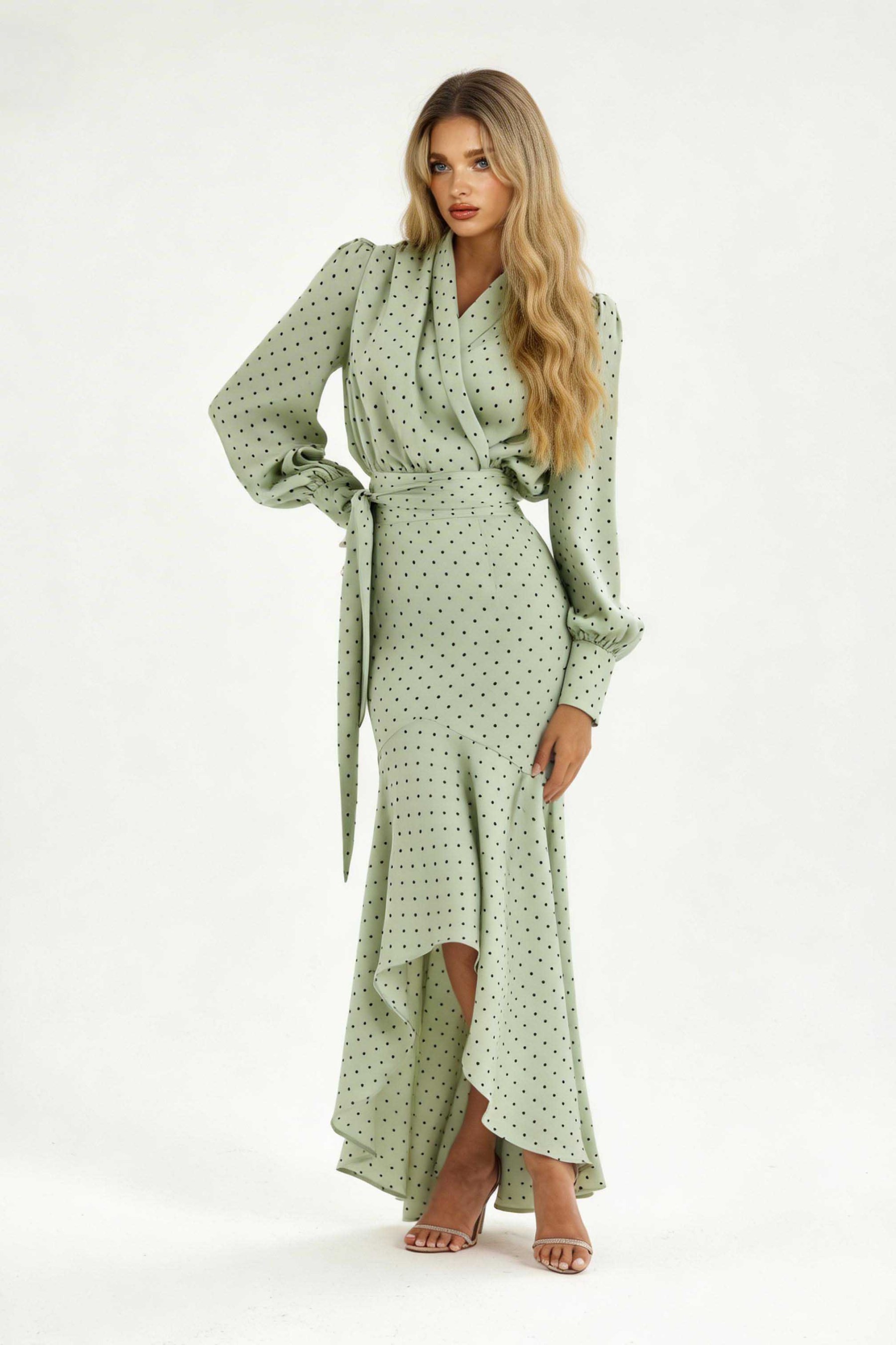 Polka Dot High-waisted Fishtail Maxi Dress