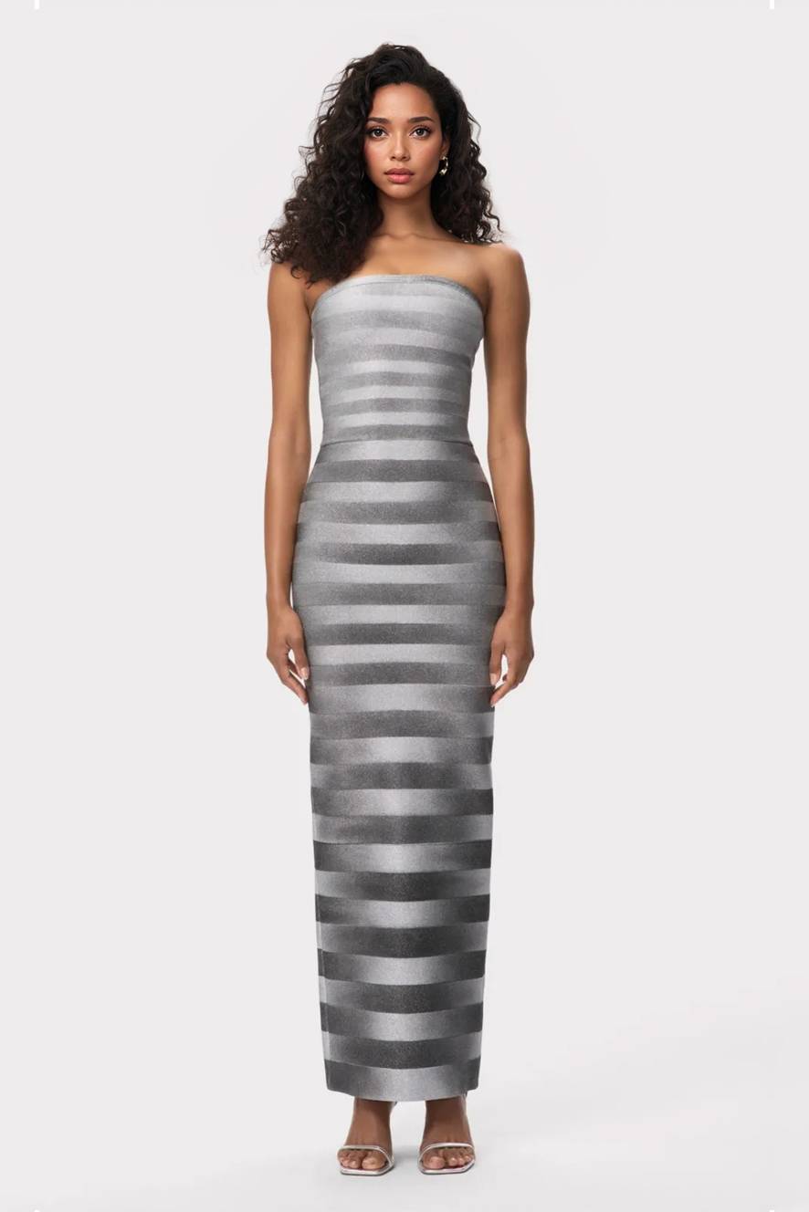 Striped Slim-Fit Strapless Maxi Dress