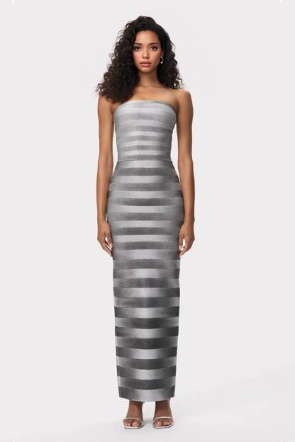Striped Slim-Fit Strapless Maxi Dress