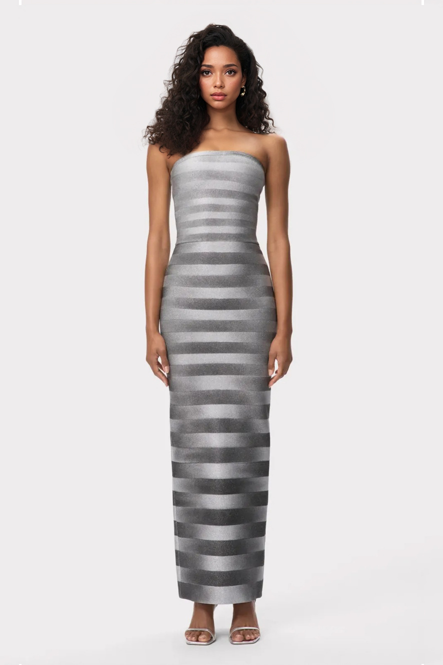 Striped Slim-Fit Strapless Maxi Dress