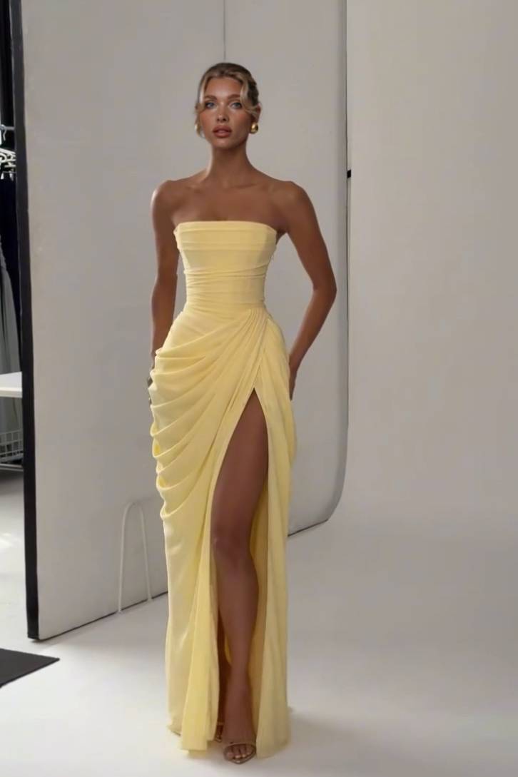 Strapless Pleated Slit Maxi Dress