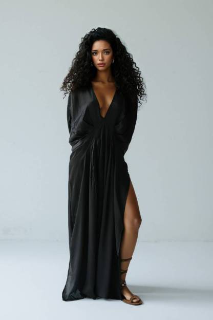 V-Neck Pleated Loose Maxi Dress